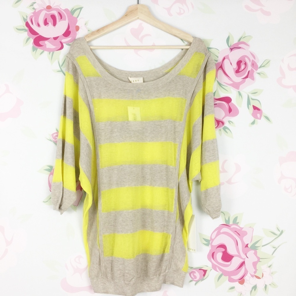 NEW Anthropologie Shae Stripe Yellow Cream Knit Scoop Neck Sweater L